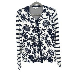 Foxcroft Cardigan Women XL White Blue Floral Stripe Button Lightweight Cottage